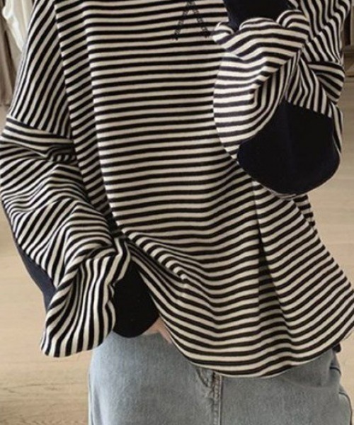 cammie（キャミー）の「パッチ袖ボーダートップス（スウェット・レディース・ネイビー/マスタード/ダークブラウン・LARGE/MEDIUM）」の12枚目の写真