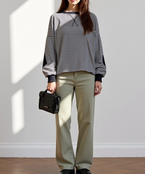 cammie（キャミー）の「パッチ袖ボーダートップス（スウェット・レディース・ネイビー/マスタード/ダークブラウン・LARGE/MEDIUM）」の9枚目の写真