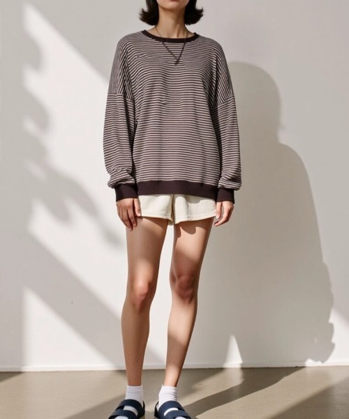 cammie（キャミー）の「パッチ袖ボーダートップス（スウェット・レディース・ネイビー/マスタード/ダークブラウン・LARGE/MEDIUM）」の4枚目の写真