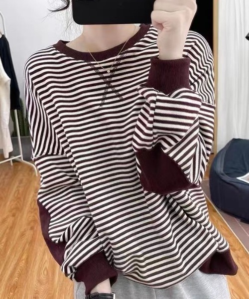 cammie（キャミー）の「パッチ袖ボーダートップス（スウェット・レディース・ネイビー/マスタード/ダークブラウン・LARGE/MEDIUM）」の8枚目の写真