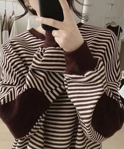 cammie（キャミー）の「パッチ袖ボーダートップス（スウェット・レディース・ネイビー/マスタード/ダークブラウン・LARGE/MEDIUM）」の7枚目の写真