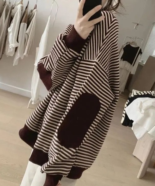 cammie（キャミー）の「パッチ袖ボーダートップス（スウェット・レディース・ネイビー/マスタード/ダークブラウン・LARGE/MEDIUM）」の6枚目の写真
