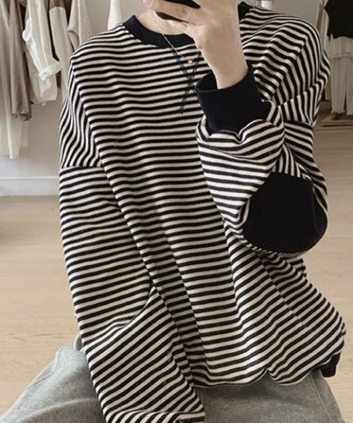 cammie（キャミー）の「パッチ袖ボーダートップス（スウェット・レディース・ネイビー/マスタード/ダークブラウン・LARGE/MEDIUM）」の11枚目の写真