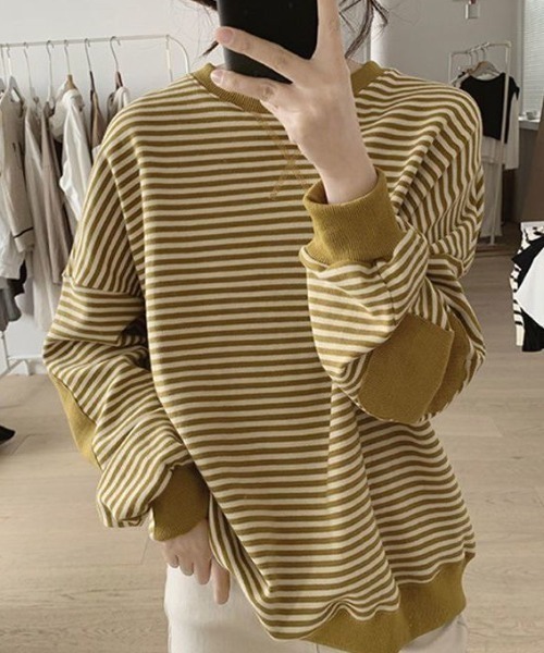 cammie（キャミー）の「パッチ袖ボーダートップス（スウェット・レディース・ネイビー/マスタード/ダークブラウン・LARGE/MEDIUM）」の15枚目の写真