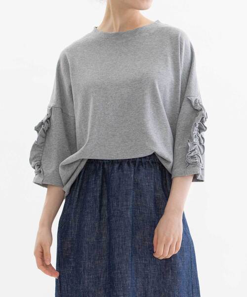 nop de nod(ノップドゥノッド)の「コットンフリル6分袖Tシャツ(Tシャツ/カットソー・レディース・オフホワイト/ブラック/グレー/ダークブルー・M)」の3枚目の写真