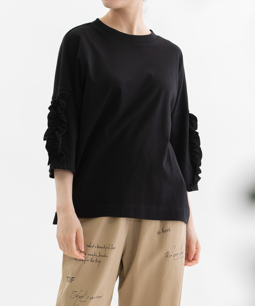 nop de nod(ノップドゥノッド)の「コットンフリル6分袖Tシャツ(Tシャツ/カットソー・レディース・オフホワイト/ブラック/グレー/ダークブルー・M)」の2枚目の写真