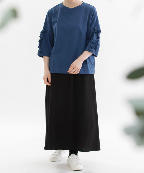 nop de nod(ノップドゥノッド)の「コットンフリル6分袖Tシャツ(Tシャツ/カットソー・レディース・オフホワイト/ブラック/グレー/ダークブルー・M)」の12枚目の写真
