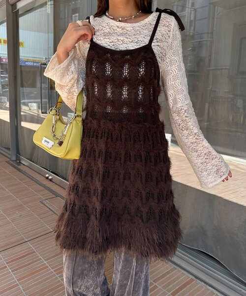 CIAOPANIC（チャオパニック）の「ループヤーンニットチュニックキャミワンピ（チュニック・レディース・ブラウン/ブラック/カーキ/アイボリー・ONE SIZE）」の4枚目の写真