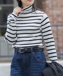 〈吸湿発熱〉ライン配色 ウォッシャブル タートルリブニットプルオーバー【THE CRAFT CREW PRODUCTS】ホワイト系