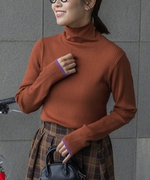 〈吸湿発熱〉ライン配色 ウォッシャブル タートルリブニットプルオーバー【THE CRAFT CREW PRODUCTS】ブラウン