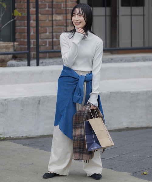 セール】〈吸湿発熱〉ライン配色 ウォッシャブル タートルリブニット