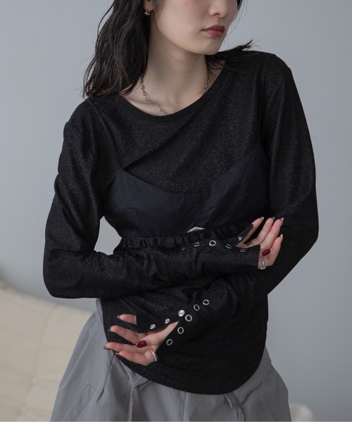 Uネック袖スナップラメトップス（Tシャツ/カットソー）｜VACANCY