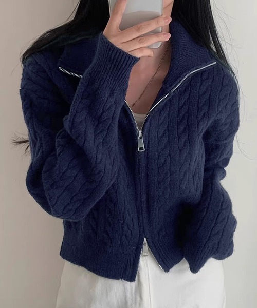 セール】ダブルジップケーブルニットカーディガン（ニット/セーター