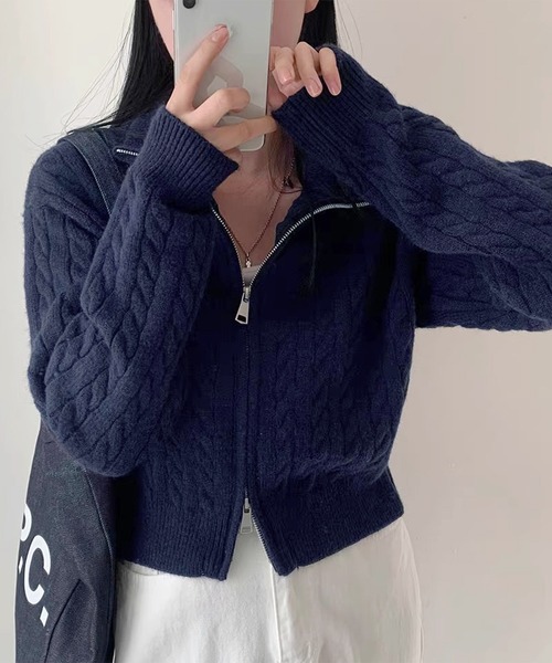 セール】ダブルジップケーブルニットカーディガン（ニット/セーター