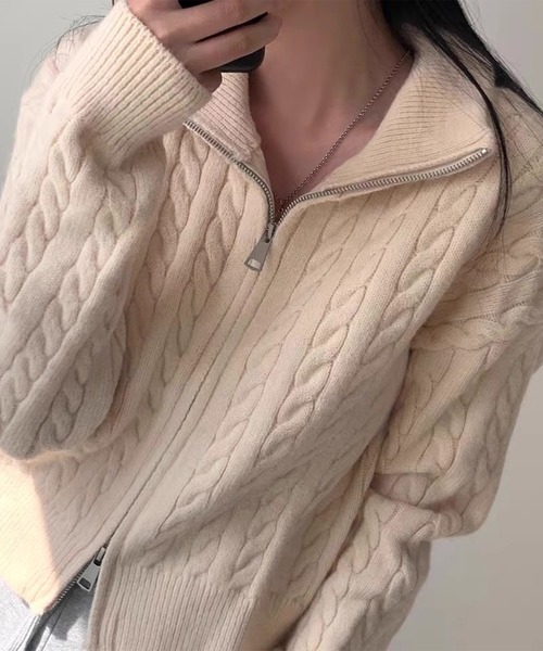 セール】ダブルジップケーブルニットカーディガン（ニット/セーター