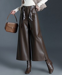 Chick | Wood Bead Cord with Bandana Faux Leather Flare Wide Pants / バンダナ付きウッドビーズコード フェイクレザー フレアワイドパンツ 暖パン(その他パンツ)