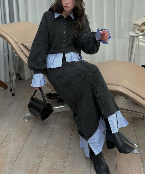 WILLFULLY（ウィルフリー）の「pleats docking button slit pencil knit SK（スカート・レディース・ブラック/チャコール/ダークブラウン・FREE）」の22枚目の写真