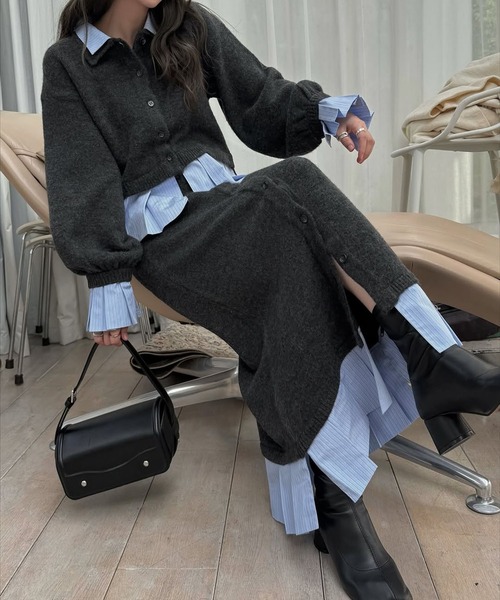 WILLFULLY（ウィルフリー）の「pleats docking button slit pencil knit SK（スカート・レディース・ブラック/チャコール/ダークブラウン・FREE）」の19枚目の写真