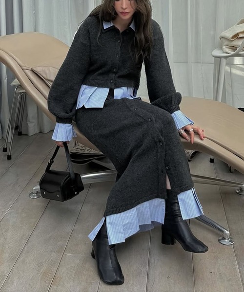 WILLFULLY（ウィルフリー）の「pleats docking button slit pencil knit SK（スカート・レディース・ブラック/チャコール/ダークブラウン・FREE）」の16枚目の写真