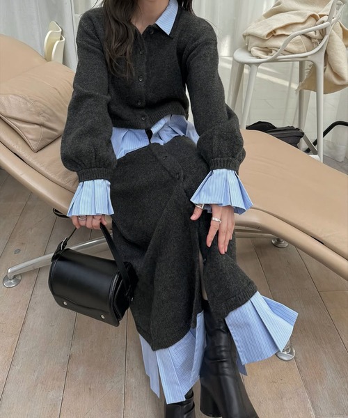 WILLFULLY（ウィルフリー）の「pleats docking button slit pencil knit SK（スカート・レディース・ブラック/チャコール/ダークブラウン・FREE）」の15枚目の写真