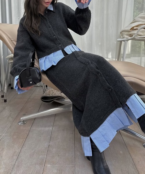 WILLFULLY（ウィルフリー）の「pleats docking button slit pencil knit SK（スカート・レディース・ブラック/チャコール/ダークブラウン・FREE）」の14枚目の写真