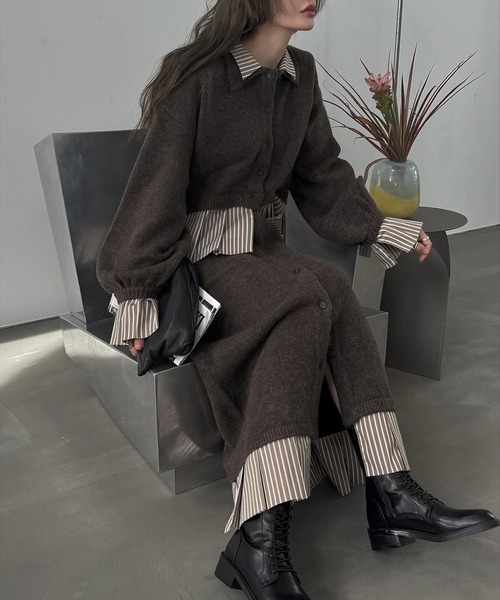 WILLFULLY（ウィルフリー）の「pleats docking button slit pencil knit SK（スカート・レディース・ブラック/チャコール/ダークブラウン・FREE）」の13枚目の写真