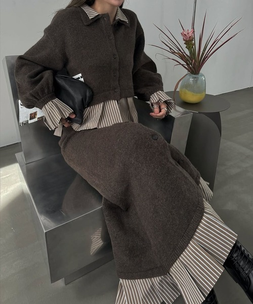 WILLFULLY（ウィルフリー）の「pleats docking button slit pencil knit SK（スカート・レディース・ブラック/チャコール/ダークブラウン・FREE）」の10枚目の写真