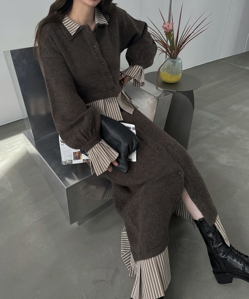 WILLFULLY（ウィルフリー）の「pleats docking button slit pencil knit SK（スカート・レディース・ブラック/チャコール/ダークブラウン・FREE）」の8枚目の写真