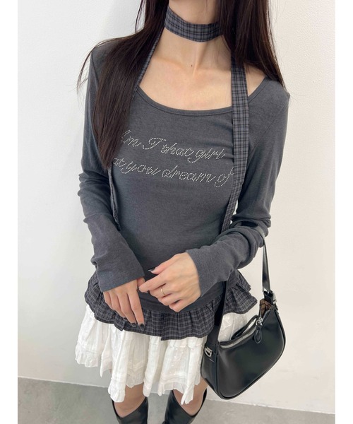 PHILLY(フィリー)の「《2点セット》チョーカーセットチェックヘムフリルトップス(Tシャツ/カットソー・レディース・グレー/ブラウン・FREE)」の3枚目の写真