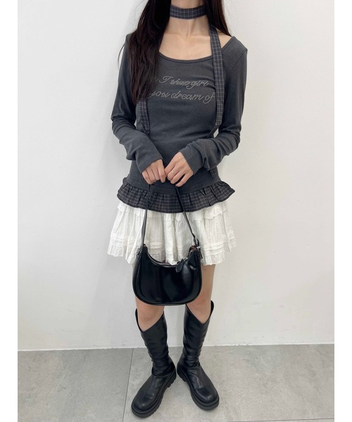 PHILLY(フィリー)の「《2点セット》チョーカーセットチェックヘムフリルトップス(Tシャツ/カットソー・レディース・グレー/ブラウン・FREE)」の4枚目の写真