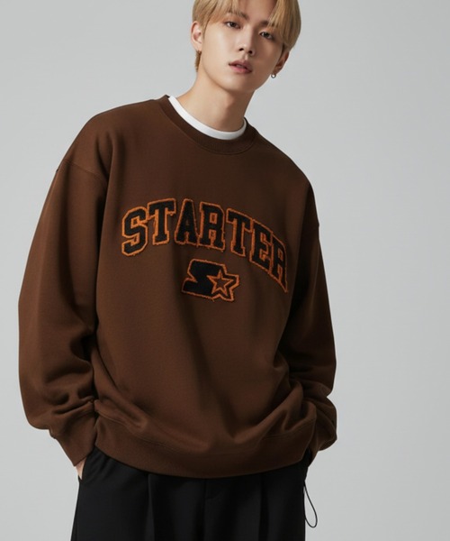STARTER BLACK LABEL（スターターブラックレーベル）の「【STARTER /スターター】裏起毛 ツイルフリンジワッペン 裾ドロスト クルーネック スウェット（スウェット・メンズ・ブラウン/カモフラージュ/ホワイト系/ブラック・M/L/XL）」の3枚目の写真