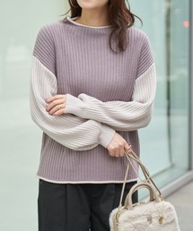 袖配色ワイドリブニットプルオーバー