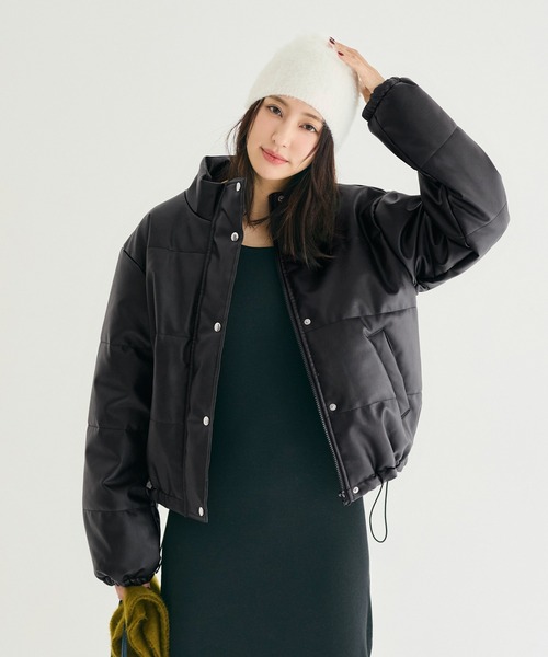 coca(coca)(コカ)の「フェイクレザー中綿ジャケット(ノーカラージャケット・レディース・ブラック・L/M)」の3枚目の写真