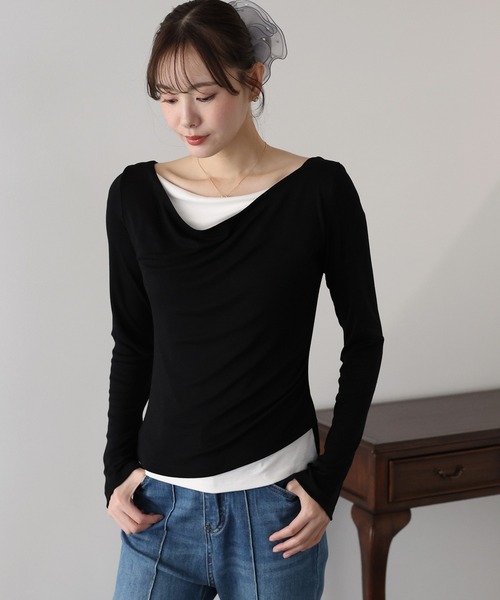 BLUEEAST(ブルーイースト)の「ドレープレイヤードトップス(Tシャツ/カットソー・レディース・グレー/ブラック/ピンク・MEDIUM)」の1枚目の写真