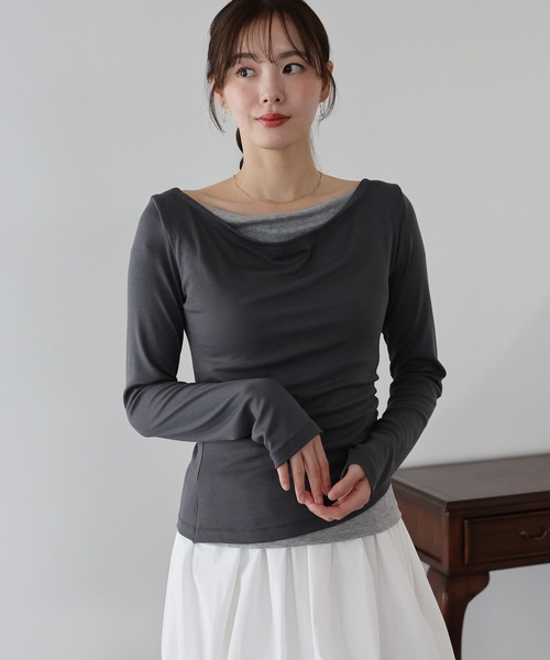 BLUEEAST(ブルーイースト)の「ドレープレイヤードトップス(Tシャツ/カットソー・レディース・グレー/ブラック/ピンク・MEDIUM)」の7枚目の写真