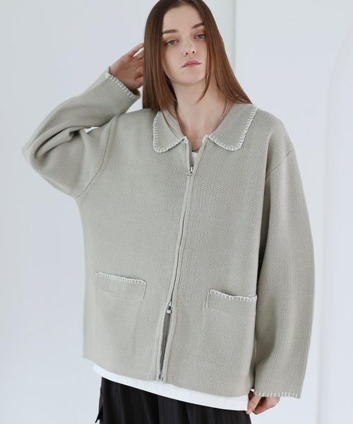 SOCCE（ソーシー）の「ルーズシルエットラメステッチダブルジップニット（ニット/セーター・メンズ・チャコール/グレイッシュベージュ/ブルー・XL/L/M/S）」の3枚目の写真