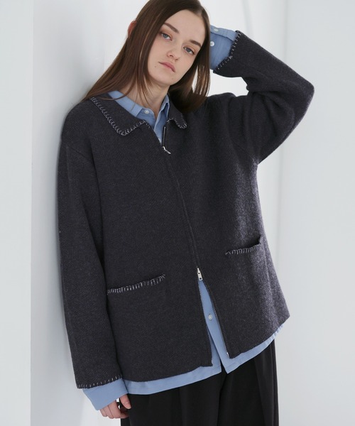 SOCCE（ソーシー）の「ルーズシルエットラメステッチダブルジップニット（ニット/セーター・メンズ・チャコール/グレイッシュベージュ/ブルー・XL/L/M/S）」の6枚目の写真