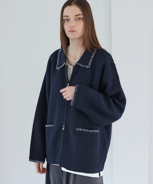 SOCCE（ソーシー）の「ルーズシルエットラメステッチダブルジップニット（ニット/セーター・メンズ・チャコール/グレイッシュベージュ/ブルー・XL/L/M/S）」の13枚目の写真