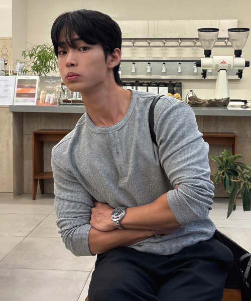 MINDBRIDGE(マインドブリッジ)の「ワッフルヘンリーネックデイリーTシャツ - 4色(Tシャツ/カットソー・メンズ・ブラック/グレー/ホワイト/チャコールグレー・95/100/105/110)」の5枚目の写真