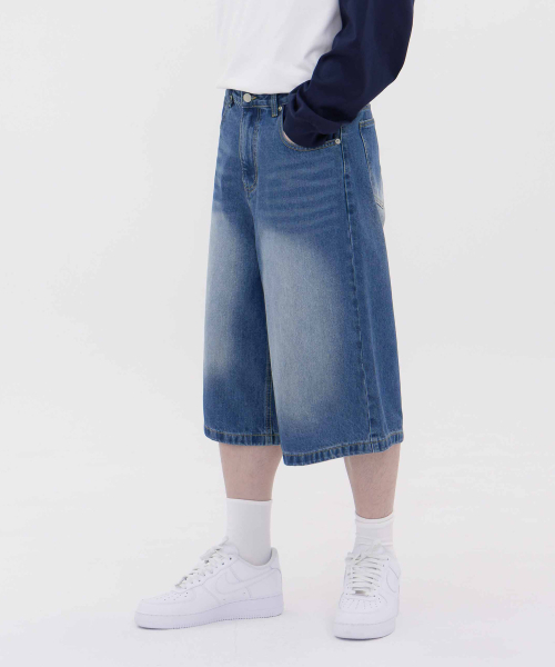 ACSHI(アクシ)の「夏 バミューダ ワイド 7部 ウォッシング デニムパンツ ユニセックス(中青)(その他パンツ・レディース・その他・S/M/L/XL/XS/XXL)」の2枚目の写真