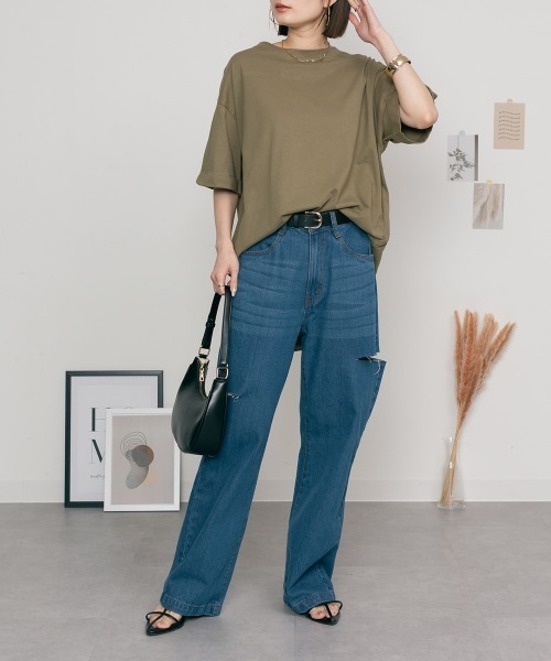 aity(アイティ)の「M-5L ロールアップ オーバーサイズ半袖カットソー 夏服(Tシャツ/カットソー・レディース・杢グレー/カーキ/ブラック/オフホワイト・M~L/4L~5L/LL~3L)」の14枚目の写真