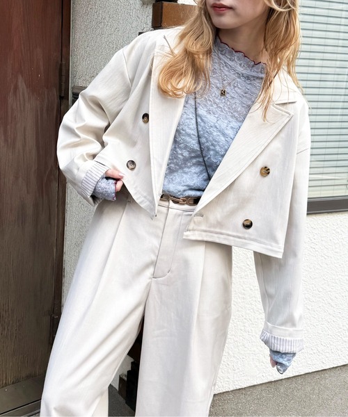 DOUBLE NAME(ダブルネーム)の「配色ステッチ2WAYジャケット(テーラードジャケット・レディース・オフホワイト/グレー・FREE)」の3枚目の写真