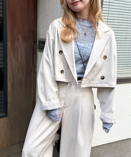 DOUBLE NAME(ダブルネーム)の「配色ステッチ2WAYジャケット(テーラードジャケット・レディース・オフホワイト/グレー・FREE)」の12枚目の写真