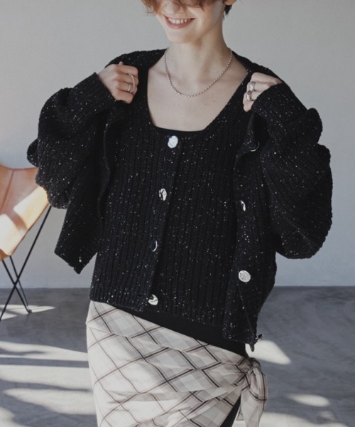Aunt Marie's（アントマリーズ）の「ﾒﾀﾙﾎﾞﾀﾝｸﾛｯﾌﾟﾄﾞﾐｯｸｽﾆｯﾄｶｰﾃﾞｨｶﾞﾝ（カーディガン/ボレロ・レディース・ブラック/アイボリー/ブルー・FREE）」の14枚目の写真