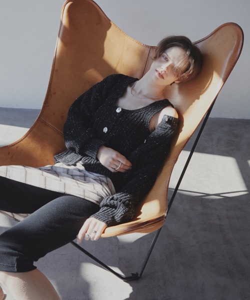 Aunt Marie's（アントマリーズ）の「ﾒﾀﾙﾎﾞﾀﾝｸﾛｯﾌﾟﾄﾞﾐｯｸｽﾆｯﾄｶｰﾃﾞｨｶﾞﾝ（カーディガン/ボレロ・レディース・ブラック/アイボリー/ブルー・FREE）」の20枚目の写真