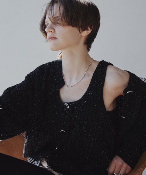 Aunt Marie's（アントマリーズ）の「ﾒﾀﾙﾎﾞﾀﾝｸﾛｯﾌﾟﾄﾞﾐｯｸｽﾆｯﾄｶｰﾃﾞｨｶﾞﾝ（カーディガン/ボレロ・レディース・ブラック/アイボリー/ブルー・FREE）」の15枚目の写真