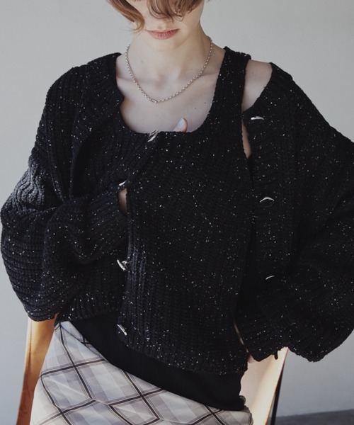 Aunt Marie's（アントマリーズ）の「ﾒﾀﾙﾎﾞﾀﾝｸﾛｯﾌﾟﾄﾞﾐｯｸｽﾆｯﾄｶｰﾃﾞｨｶﾞﾝ（カーディガン/ボレロ・レディース・ブラック/アイボリー/ブルー・FREE）」の16枚目の写真