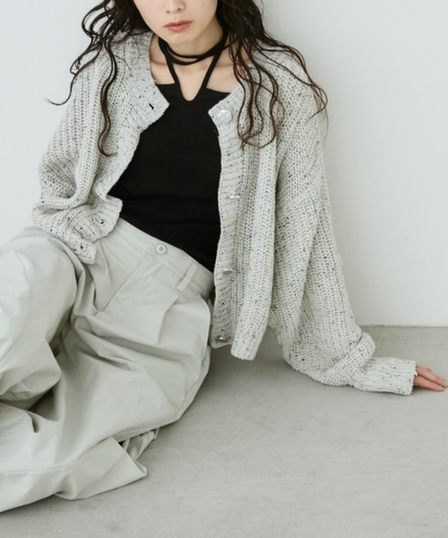 Aunt Marie's（アントマリーズ）の「ﾒﾀﾙﾎﾞﾀﾝｸﾛｯﾌﾟﾄﾞﾐｯｸｽﾆｯﾄｶｰﾃﾞｨｶﾞﾝ（カーディガン/ボレロ・レディース・ブラック/アイボリー/ブルー・FREE）」の10枚目の写真