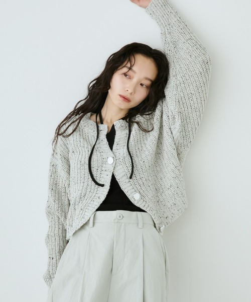 Aunt Marie's（アントマリーズ）の「ﾒﾀﾙﾎﾞﾀﾝｸﾛｯﾌﾟﾄﾞﾐｯｸｽﾆｯﾄｶｰﾃﾞｨｶﾞﾝ（カーディガン/ボレロ・レディース・ブラック/アイボリー/ブルー・FREE）」の9枚目の写真