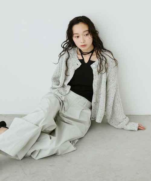 Aunt Marie's（アントマリーズ）の「ﾒﾀﾙﾎﾞﾀﾝｸﾛｯﾌﾟﾄﾞﾐｯｸｽﾆｯﾄｶｰﾃﾞｨｶﾞﾝ（カーディガン/ボレロ・レディース・ブラック/アイボリー/ブルー・FREE）」の5枚目の写真